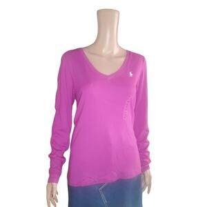 NEW Ralph Lauren Sport XL Y2K Mod Pink V Neck Fitted Long Sleeve Tee Pony Preppy